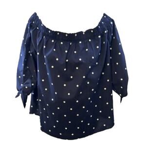H&M Top Womens 6 Blue White Polka Dot Off The Shoulder Blouse Tie Sleeve